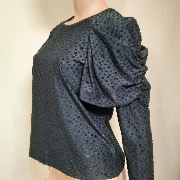 Vintage 80s Blouse Black Ruched Puff Sleeves Womens M Textured Dots - Picture 1 of 7